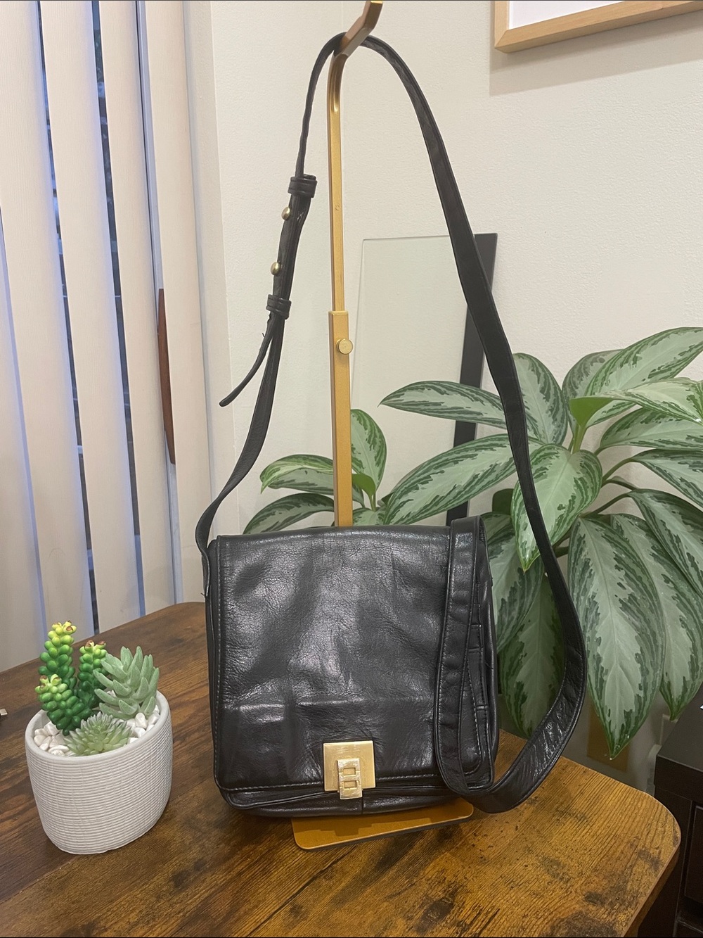 Vintage Perlina Black Leather Crossbody Bag with Gold Accent 1990s